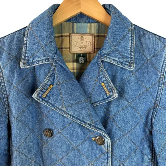 Vintage Ralph Lauren Quilted Denim Jacket Chore Barn Blue Plaid Lined Women’s S - Picture 3 of 6